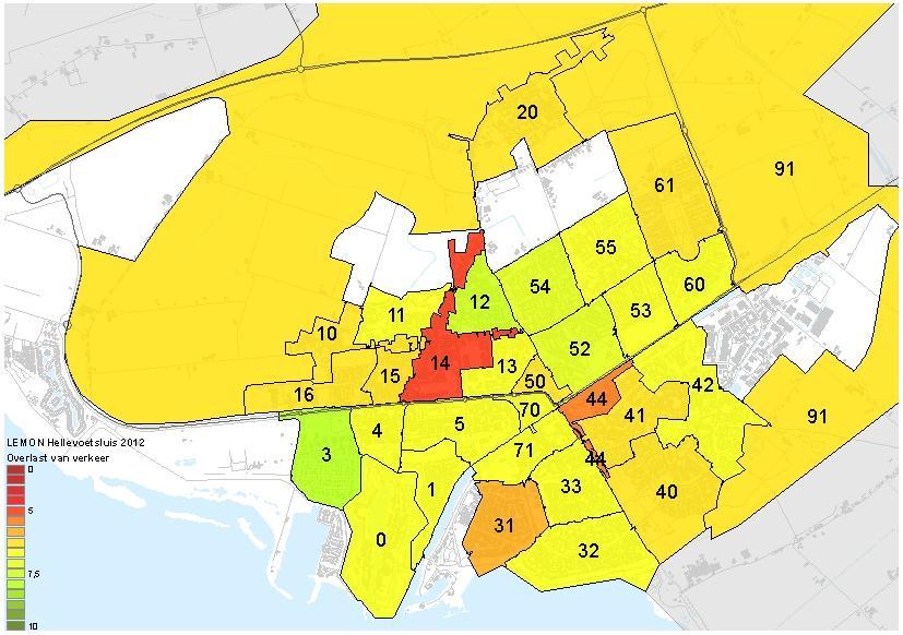 LET OP: LAAG CIJFER = VEEL OVERLAST, HOOG CIJFER = WEINIG OVERLAST VERKEERSOVERLAST 2010 2012 2010 2012 TOTAAL HELLEVOETSLUIS 5,9 6,1 33. Hooghen hoeck 6,3 6,4 0. De vesting 4,3 6,1 40.