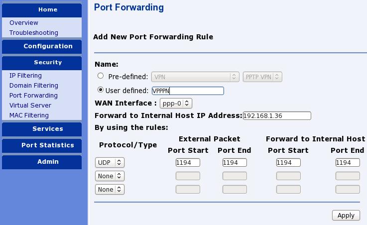 Portforwarding op de router Om vanaf het internet een verbinding met de OpenVPN server op Raspberry Pi te kunnen opzetten moet UDP poort 1194 vanaf het publieke IP-adres worden doorgestuurd naar het