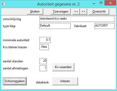 Type klep [tekst] Hier wordt het type klep van de autoriteit ingevuld, bijvoorbeeld Default.