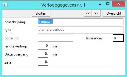 Type [tekst] Hier staat als vaste waarde diameterverloop. Codering [tekst] Unieke codering voor het verloop, bijvoorbeeld de bestelcodering.