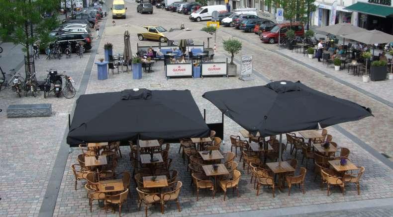 spelregels parasols Wilhelminaplein - per horecaonderneming wordt 1 type parasol gebruikt - mogelijk op gevelterrassen en seizoensterrassen middels bouwaanvraag - op de dagterrassen alleen flexibele
