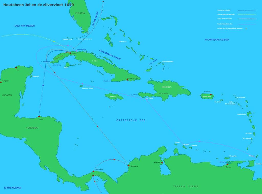 Routes van de zilvervloot en Houtebeen Jol (kaartje WB) in september het orkaanseizoen zou beginnen. Daarmee waren voor potentiële kapers de route en het tijdstip bekend.