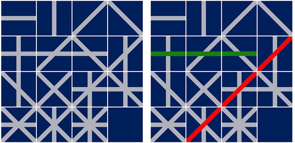 In het werk van LeWitt nemen geometrische vormen en combinatorische thema s een prominente plaats in, zoals in "Straight lines in four directions and all their possible combinations".