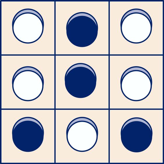 1.6 Combinaties Voorbeeld Op een bord met negen velden worden vijf witte en vier donkere schijven geplaatst. Een voorbeeld zie je hiernaast. Hoeveel mogelijkheden zijn er?
