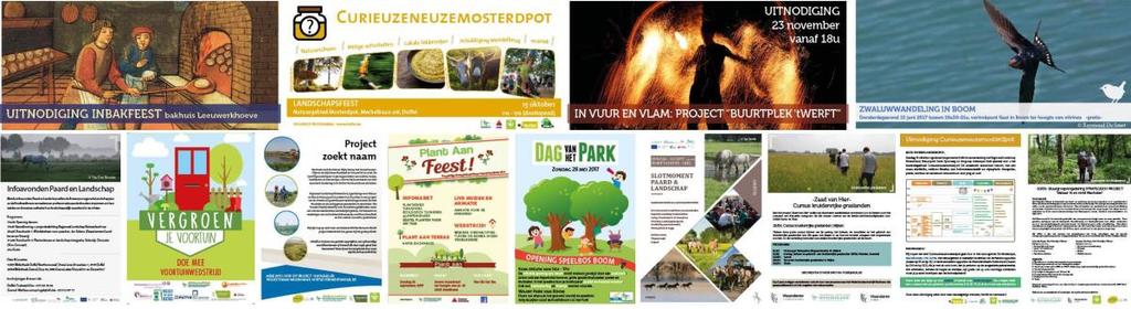 Het gaat om flyers en uitnodigingen voor het Inbakfeest in Bonheiden, het landschapsfeest Curieuzeneuzemosterdpot, de cursus Zaad van Hier, de Erfgoeddagactiviteit Zaai en gij zult oogsten, de