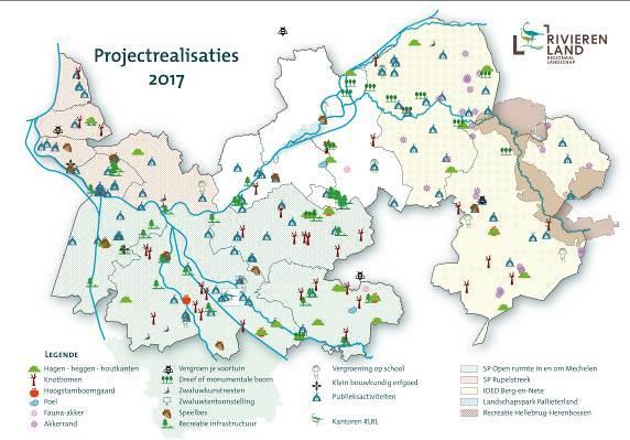 4 Relatie activiteiten en geografische spreiding In Figuur 4-1 wordt weergegeven hoe de activiteiten en projecten van Regionaal Landschap Rivierenland uitgevoerd in 2016 gespreid zijn over de