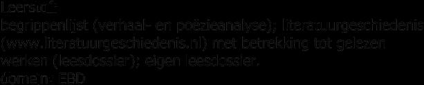 Vak:Nederlandse taal en literatuur Weegfactor: dtl dtl -Schrijfvaardigheid en taalverzorging Weegfactor: 50 min dt dt -Literatuur: leesdossier, literatuuranalyse en literatuurgeschiedenis Weegfactor: