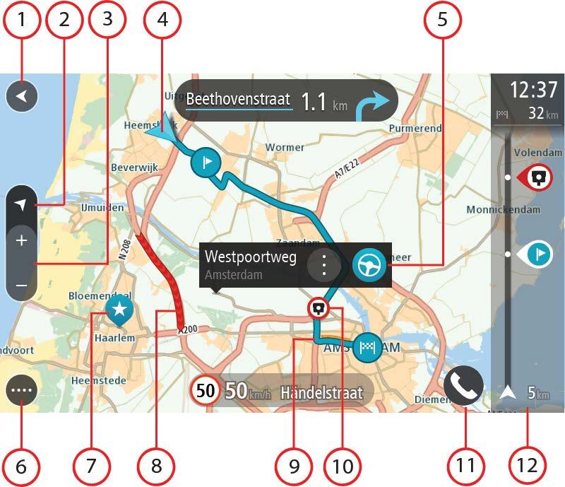 Als je een route hebt gepland, wordt de volledige route op de kaart weergegeven. Je kunt direct vanaf de kaart tussenstops toevoegen aan je route.