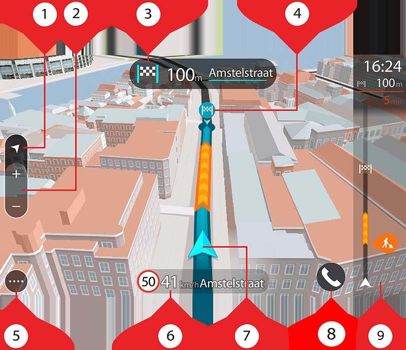 De reisbegeleidingsweergave is doorgaans in 3D. Je kunt een 2D-kaart weergeven waarbij de kaart meebeweegt in je reisrichting door de 2D- en 3D-standaardinstellingen te wijzigen.