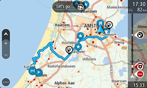 Als je in dit voorbeeld hebt gekozen voor Dichtstbijzijnde punt, zie je deze route: Als je kiest voor Beginpunt, zie je deze route: Een geplande bestemming weergeven in MyDrive Als je een route plant