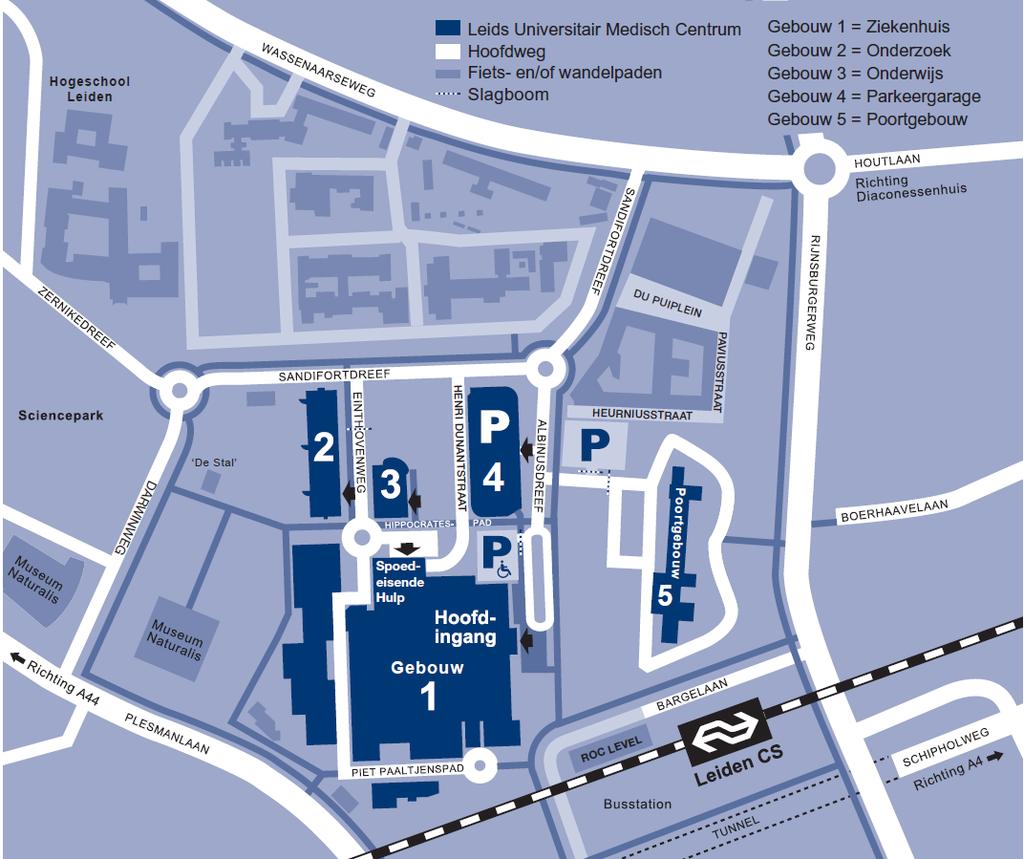 Bijlage 3 Routebeschrijving Openbaar vervoer Het LUMC ligt op loopafstand aan de achterzijde van station Leiden Centraal. Alle streekbussen naar Leiden stoppen ook bij Leiden Centraal.