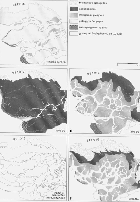 Figuur 2, Paleogeografische ontwikkeling van Zuidwest-Nederland (naar Van den Berg 1993) (Berendsen, 2000) Vanaf 1000 BC werd de strandwal als gevolg van de stijging van de zeespiegel op