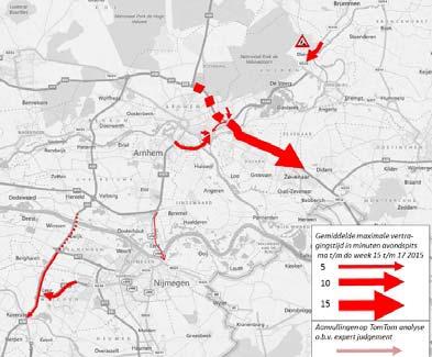 3.1.2 Situatie zonder wegwerkzaamheden, avondspits In de gemiddelde avondspits in 2015 kwamen de (gemeten) vertragingen met name voor op de A12 richting de Liemers met terugslag op de Pleyroute.