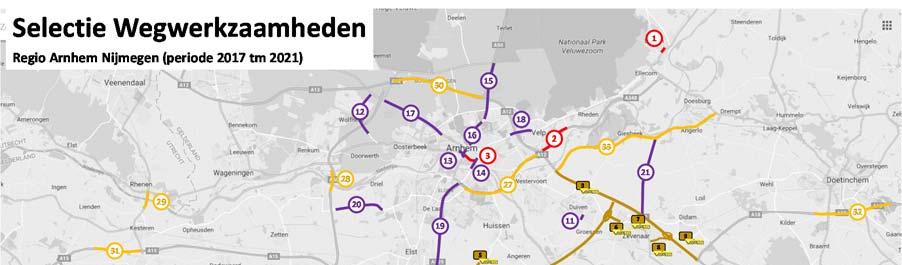 2.2 Veel werk aan de wegen In de afgelopen jaren hebben met name de hoofdwegen aan de west- en noordzijde van de regio extra capaciteit gekregen: A50 Ewijk - Grijsoord (inclusief nieuwe Waalbrug),