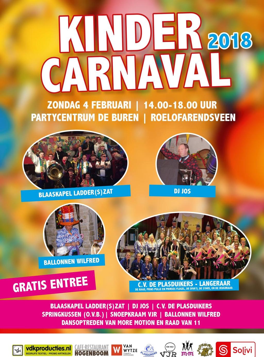 Nieuw van buiten de klas Kindercarnaval Confettie, ballonnen, feestmuziek en een mega lange polonaise. Op zondag 4 februari 2018 is het tijd voor de jaarlijkse Kinder Carnaval.