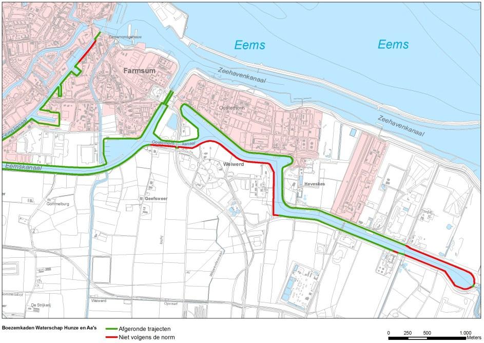 Gebied: Delfzijl (stedelijk gebied) Huidige situatie: Ophoging van kaden is in voorbereiding. Alle kaden (hard, grondkaden, grondkaden met verharding) zijn in kaart gebracht.