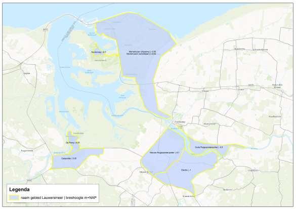 Normering regionale waterkeringen Groningen en Noord-Drenthe april 2013 Figuur 5-6: Overstromingsgebieden en breslocaties Lauwersmeer Normklasse en gevoeligheid Uit de schadeberekeningen voor
