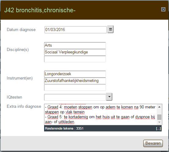 Je kan makkelijk op basis van Categorie, of rechtstreeks bij Stoornis de stoorniscode terugvinden waarover het gaat. Zodra je dan op de knop toevoegen klikt, opent het diagnoseluik.