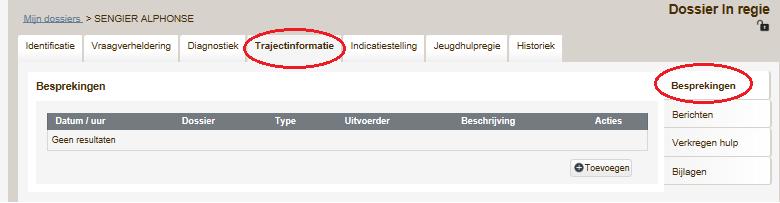 6. 7. Het luik Trajectinformatie 6. 7. 1. Tabblad besprekingen Hier kan informatie toegevoegd worden over het hulptraject van de betrokken jongere.