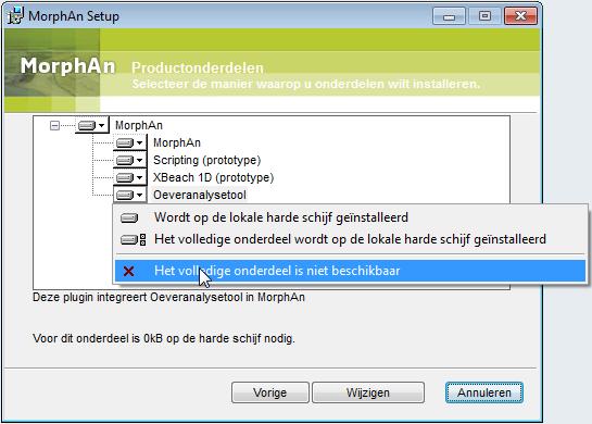 1: Opties na de installatie Wijzigen: hiermee is het mogelijk om de installatie van de plugins XBeach 1D, Scripting en Oeveranalysetool aan te passen [figuur 5.2].