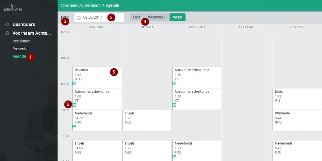 7.0 Agenda De agenda toont het overzicht van geplande lesuren van een leerling/student. Door het aanklikken van een les worden meer lesdetails zichtbaar.