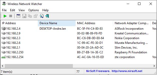 Noteer het IP adres + MAC adres van je Raspberry-NAS en het IP adres van je router. 2.2.1.2 In Windows Installeer het gedownloade programma Wireless Network Watcher en voer het uit.