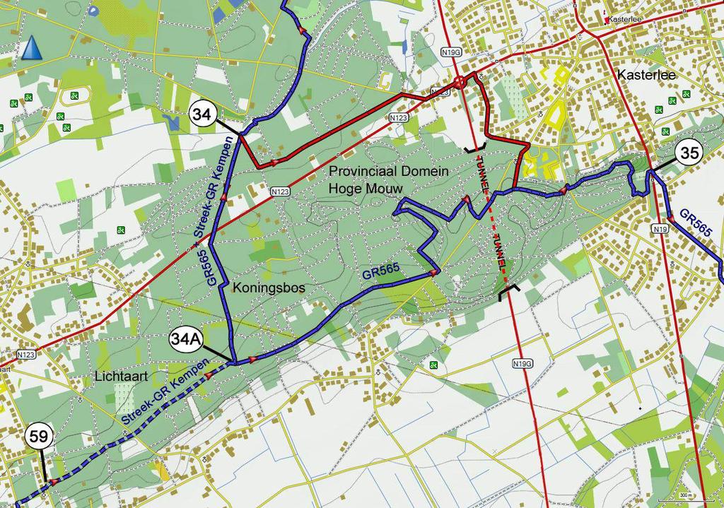 93-95 Kaarten 5, 11 en 22 (achteraan in gids) Referentiepunt: 34><35 Lengteverschil: GR 565 = + 1,9km Streek-GR Kempen ongewijzigd Datum: Vanaf oktober 2014 Reden: Na voltooiing van de werken aan de