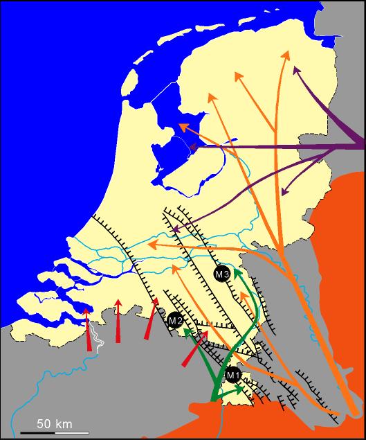 Pleistoceen Tijdens het Pleistoceen lag Nederland onder zeeniveau Via rivieren uit