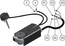 1 Negatief (gelijkstroom) of neutraal (wisselstroom) 2 Positief (gelijkstroom) of fase (wisselstroom) 3 Fase 4 Neutraal S1 Gedeeld, microschakelaar brandklep dicht S2 Normaal gesloten,