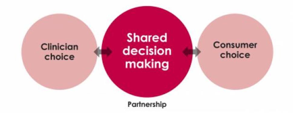 Shared Decision Making wat is het? Cli e nt en hulpverlener nemen in een gezamenlijk proces beslissingen over gezondheids- en behandeldoelen.