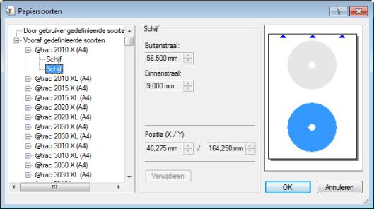 Een LightScribe-label afdrukken bevatten. Deze labels komen overeen met de hoeselementen in Nero CoverDesigner. In het midden worden instelopties weergegeven voor zelfgedefinieerde papiersoorten.