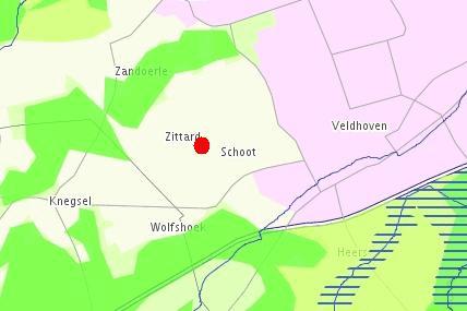 Ligging plangebied ten opzichte van de Ecologische Hoofdstructuur (lichtgroen; rood = verwijderd uit EHS;