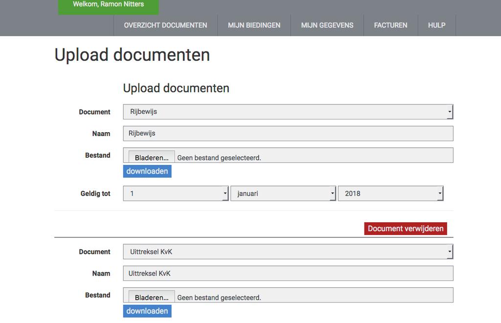 bovenstaande pagina wordt getoond. om een document te vervangen klikt u op bladeren om het bestand te uploaden vanaf uw computer.