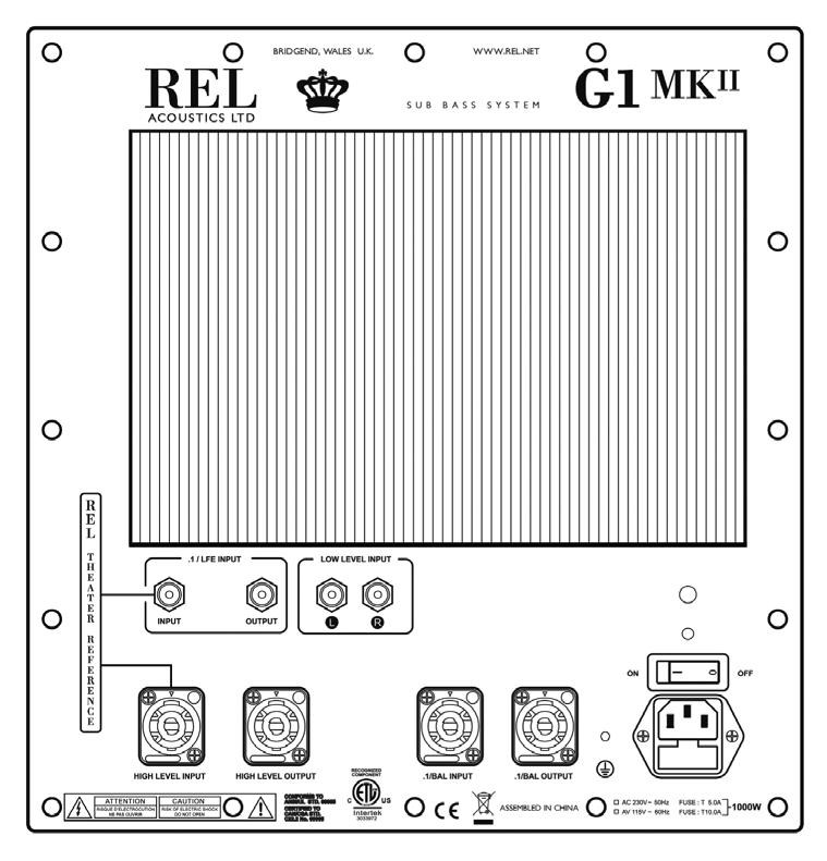 1 2 3 4 7 8 5 6 9 G1mkII 600 Watt, 1 x 12 10 1 2 3 4 5 10 REL G1mkII: Aansluitingen achterzijde 1..1/LFE tulp ingang: voor het aansluiten van de.1/lfe uitgang van een 5.1 versterker of processor 2.