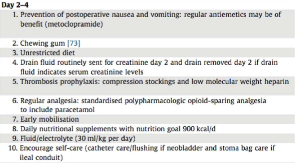 ERAS protocol Post-operatief: Geen nasogastrische tube Preventie PONV (Post-Op Nausea & Vomiting) Snelle mobilisatie Opzitten asap, ten laatste dag 1 Snelle orale voeding Dag zelf: drinken toelaten,