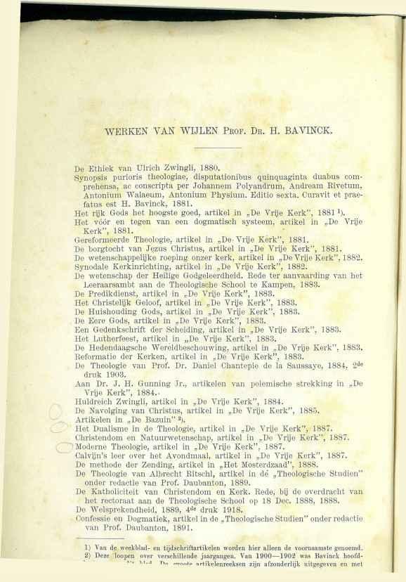 WERKEN VAN WIJLEN PKOF. DE. H. BAVINCK. De Ethiek van Ulrich Zwingli, 1880.