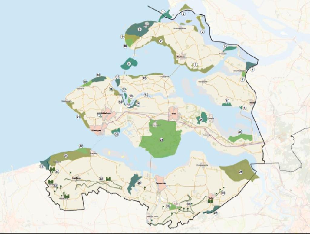 Voorgelegde kaart Zeeland. Grevelingen Brouwersdam. Grevelingen Recreatie-eilandjes Grevelingen meer (incl. haventje van Bommenede e.o.) 3. Grevelingen Grevelingendam 4. Slikken van de Heen 5.