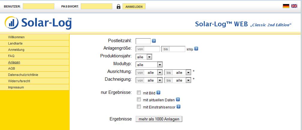 Solar-Log WEB gebruiken Als uw installatie voor iedereen zichtbaar is, kunt u de aanmelding overslaan. Voer in de kopregel uw gebruikersnaam en het paswoord in en klik op Aanmelden.