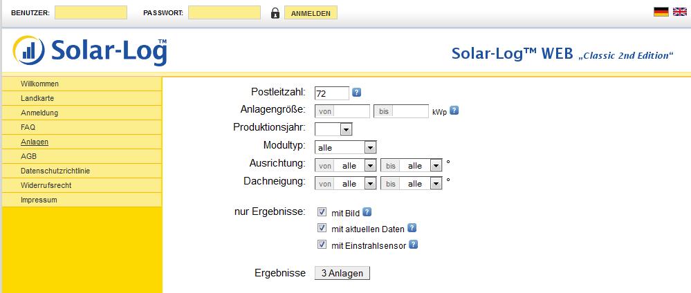 Solar-Log WEB gebruiken Na het menu-onderdeel Resultaten wordt het aantal gevonden systemen weergegeven.