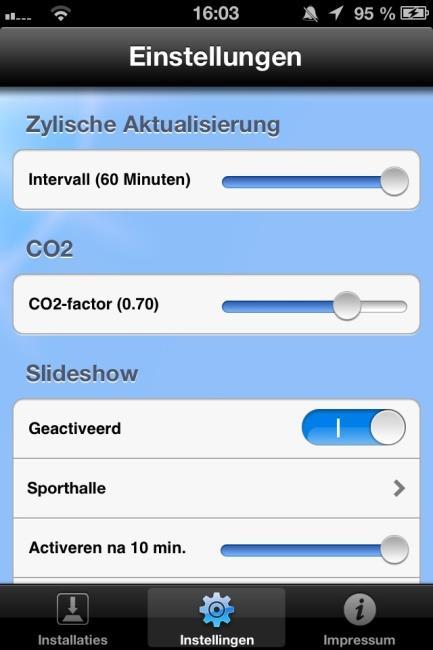 De Solar-Log -app iphone V3 voor de iphone gebruiken De volgende instellingen zijn configureerbaar: Cyclische actualisering: Actualiseringsinterval van de installatie van 5 60 min.