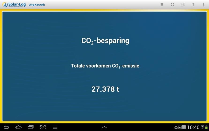 De Solar-Log APP voor Android gebruiken 6.6 CO2-besparing oproepen 1 Tik, rechtsboven op het beeldscherm in de symboollijst, op symbool. De navigatie wordt weergegeven. 2 Kies CO 2.