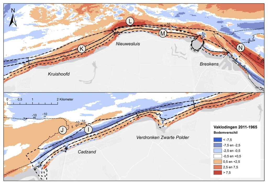 Figuur 2.7 geeft in meer detail de morfologische ontwikkelingen langs de kust van Zeeuws- Vlaanderen weer.