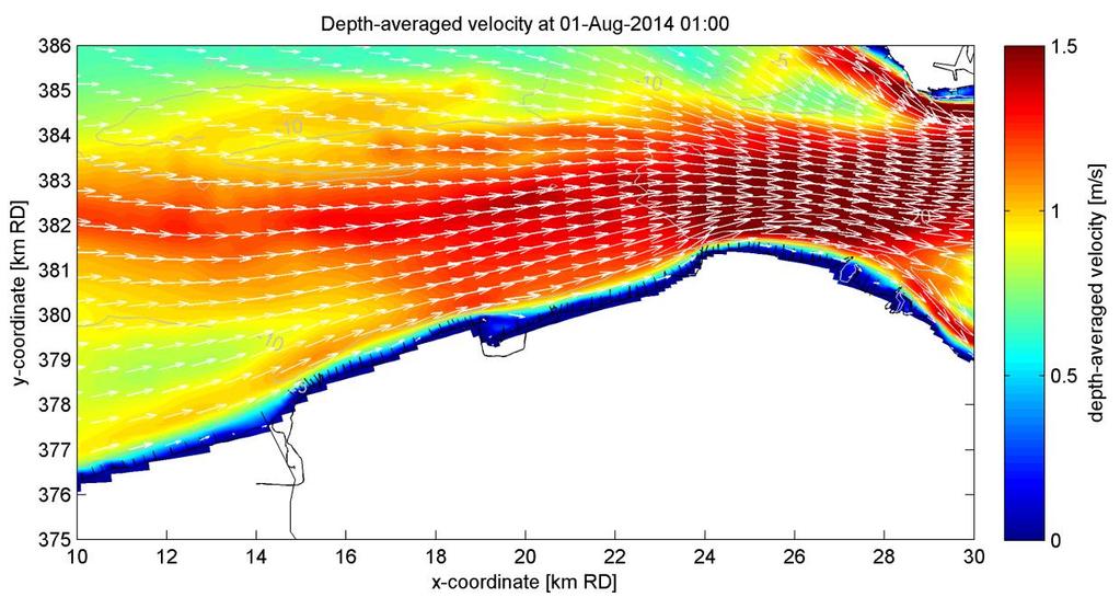 Nieuwesluis grens Figuur 2.20 Berekende diepte-gemiddelde stroomsnelheden langs de Zeeuwse kust tijdens maximale vloedstroming.