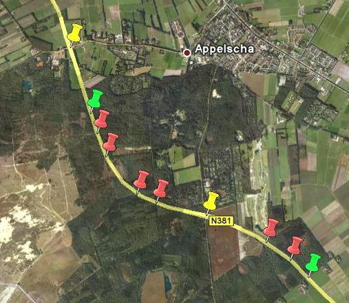 In het geval van de N381 die de boswachterij Appelscha doorsnijdt, komen de kruisingen van noord naar zuid 940, 2350 en 1650 meter uit elkaar te liggen.