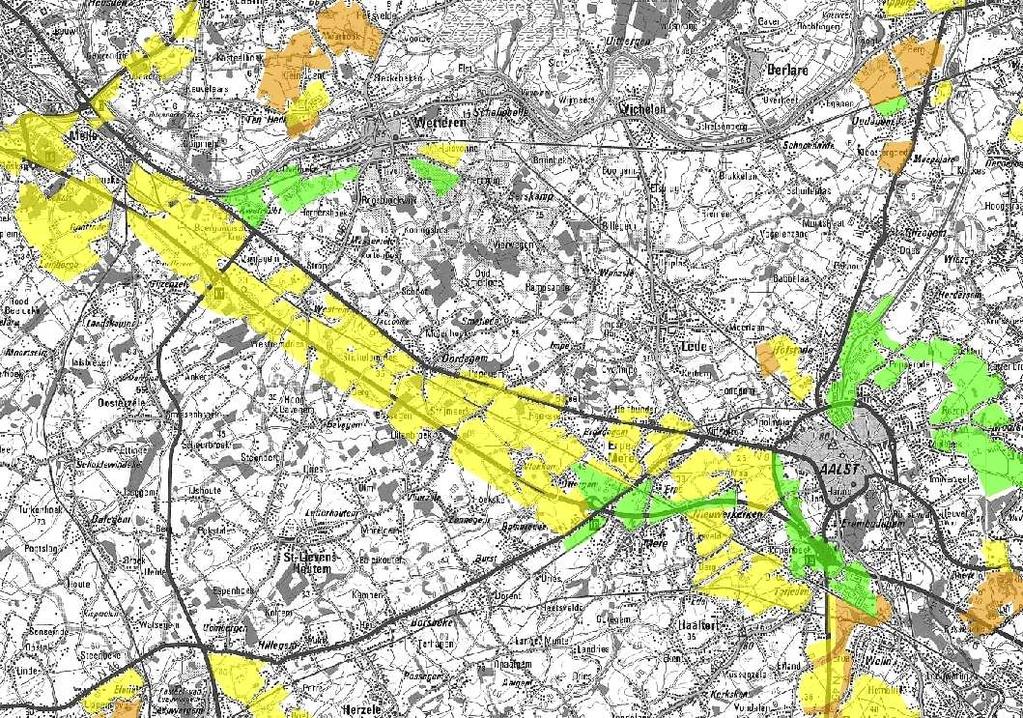 7. Regio tussen Aalst en Gent (Figuur 7) Voor een groot aantal zoekzones langs de E40 is nader onderzoek noodzakelijk omwille van de beperkte ornithologische gegevens, maar hier zijn waarschijnlijk