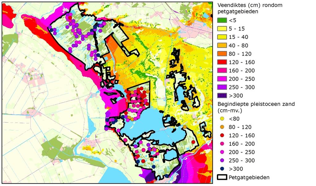 Figuur 7 Boorlocatie in de petgatgebieden met een aanduiding van de begindiepte van de pleistocene zandondergrond (bron: https://www.dinoloket.nl/ondergrondgegevens). 3.