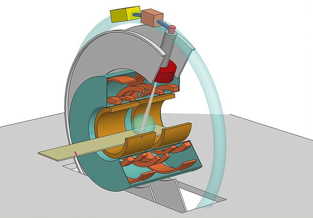 FIGUUR 4 Schaaltekening van een MRI-versneller. De binnenkant hiervan bestaat uit een MRI-scanner van 1,5 T.