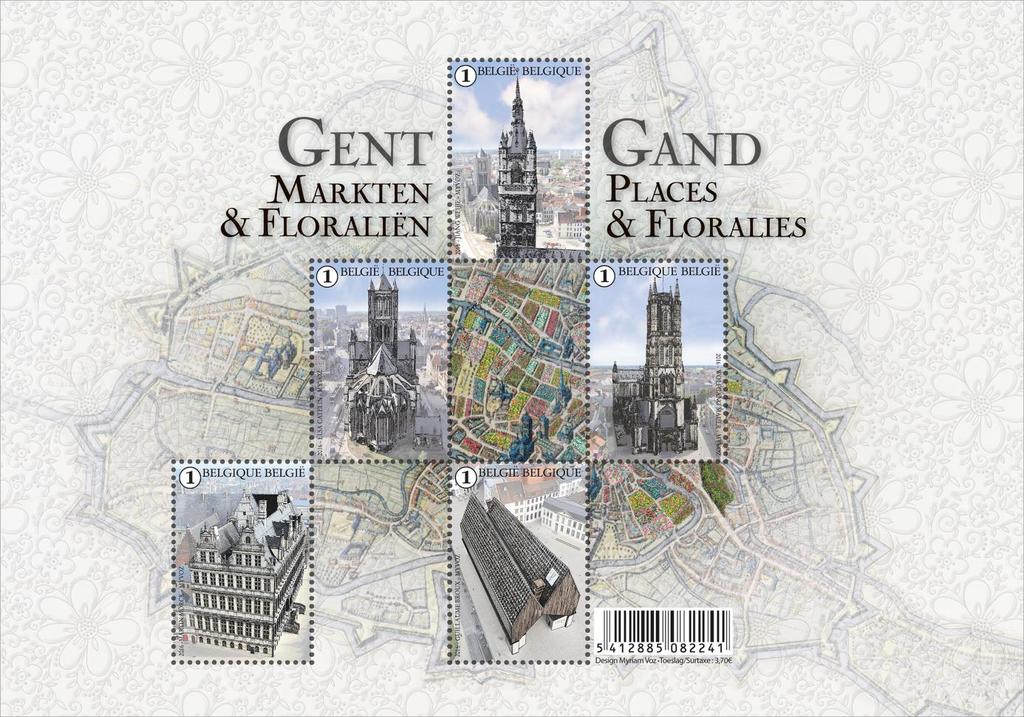 GENT : Markten en Floraliën Dit prachtige blaadje geeft ons een mooi overzicht van de Gentse historische gebouwen geplant op een oude archiefplattegrond van de