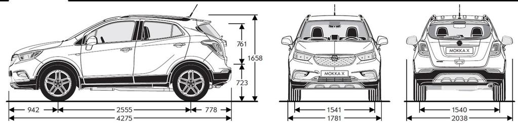 TECHNISCHE SPECIFICATIES OPEL MOKKA X BUITENAFMETINGEN in mm Lengte 4,275 Breedte met uitgeklapte / ingeklapte buitenspiegels 2.038 / 1.