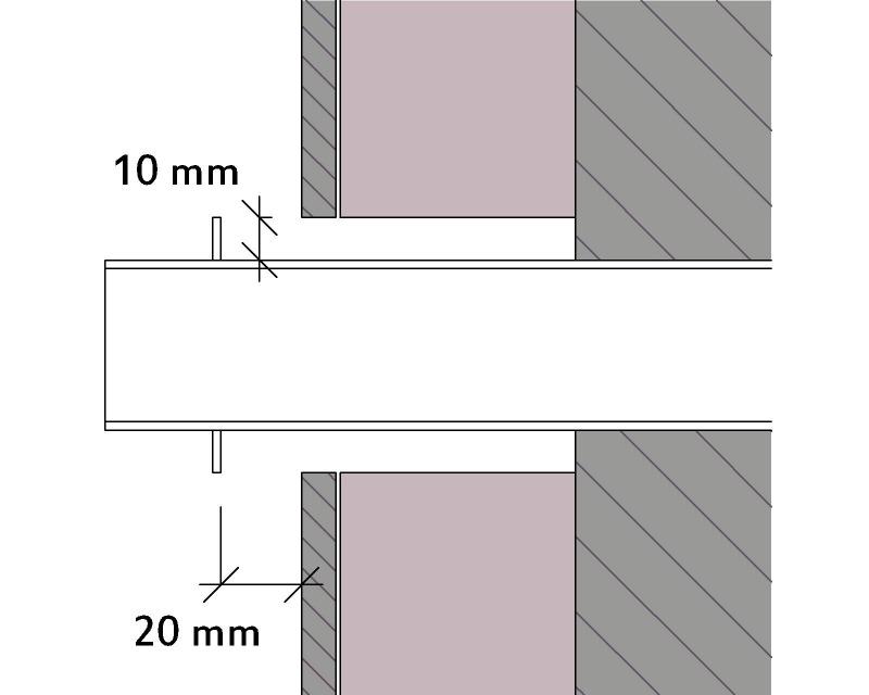 Tussen de binnenrand van de raamdorpels en de voorzijde van de gevelplaat moet minimaal 20 mm opening gelaten worden. De neus van de raamdorpel moet de gevelplaat voldoende overlappen, minimaal 50 mm.
